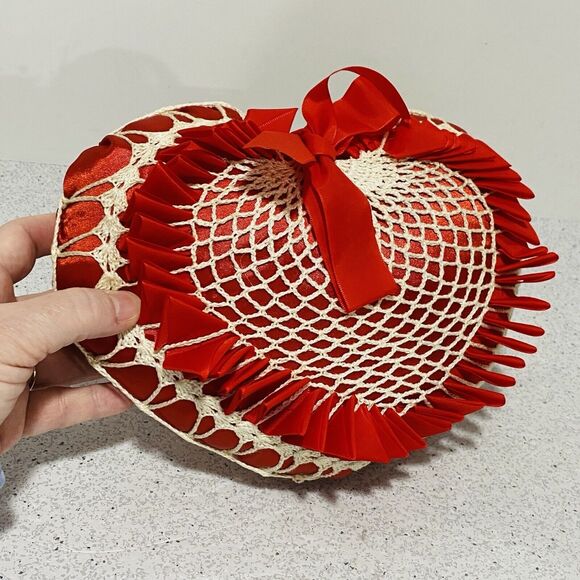 Vintage Heart Shaped Toss Pillow Red Satin Ribbons & White Crochet Caged Romance - Picture 7 of 8